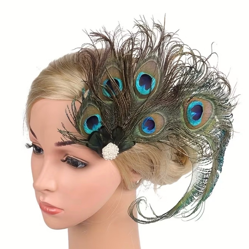 Peacock Feather Hair Clip - Teal Green Accent